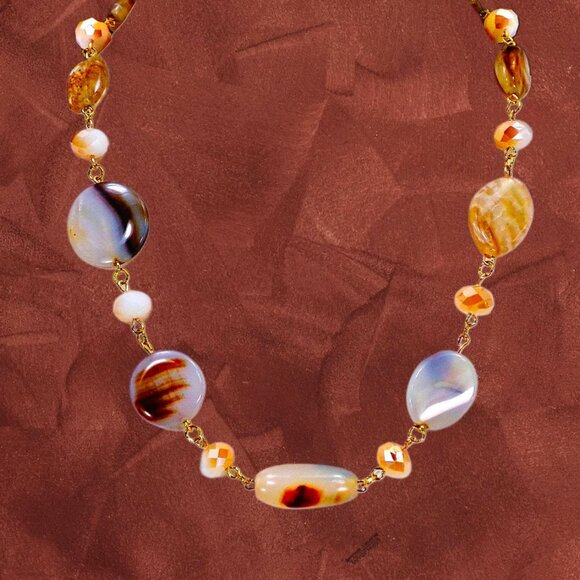 A mix of beige, brown, and off white bead necklace with glass and stone - Picture 10 of 13